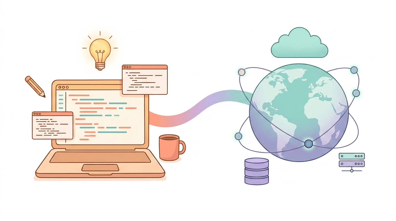 Mekanyk Tech — building software and operating cloud infrastructure, illustrated as a laptop with code connected by a flowing ribbon to a globe surrounded by cloud services.