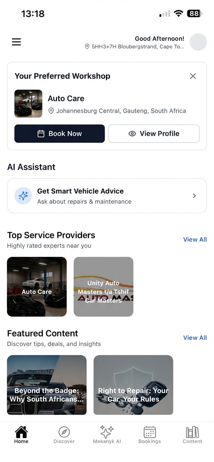 MekanykSync mobile app — book a workshop, AI vehicle advice and featured providers